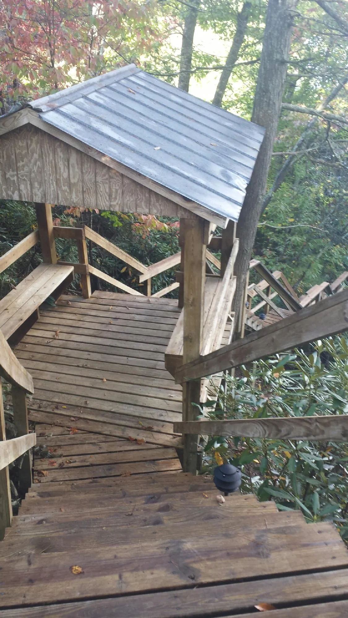Metal roofed shelter over wooden steps on a wooded walkway — Skylight Repair & Installation work by our crew in Peyton